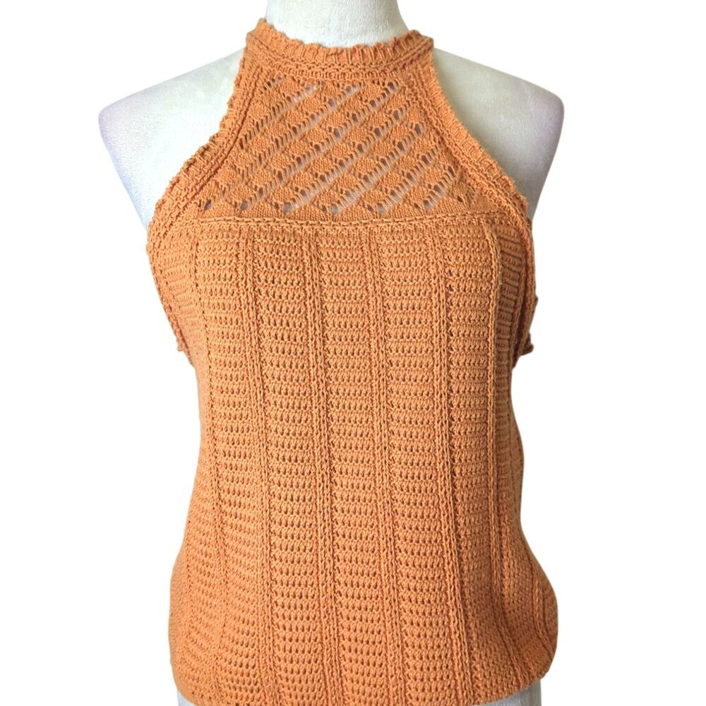 Soft Girl Crochet Halter Top in Autumn Orange Boho Coquette Knit Tank